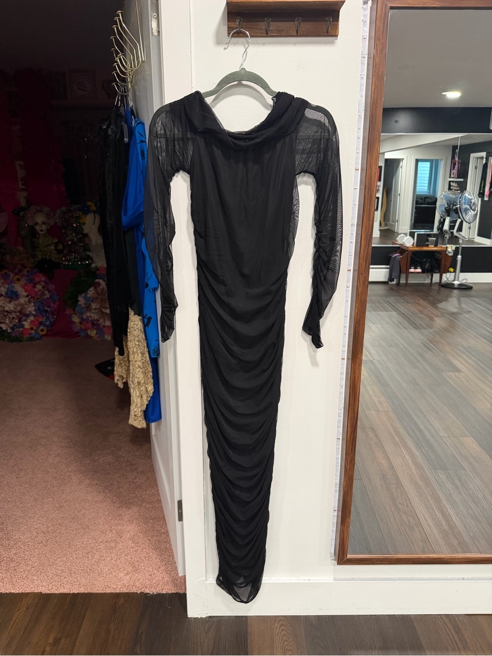 Fashion Nova Black Long Sleeve Sheer Ruched Maxi Dress